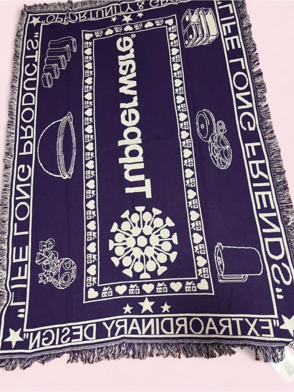 Tupperware vintage new with tags deadstock throw blanket with deep purple text